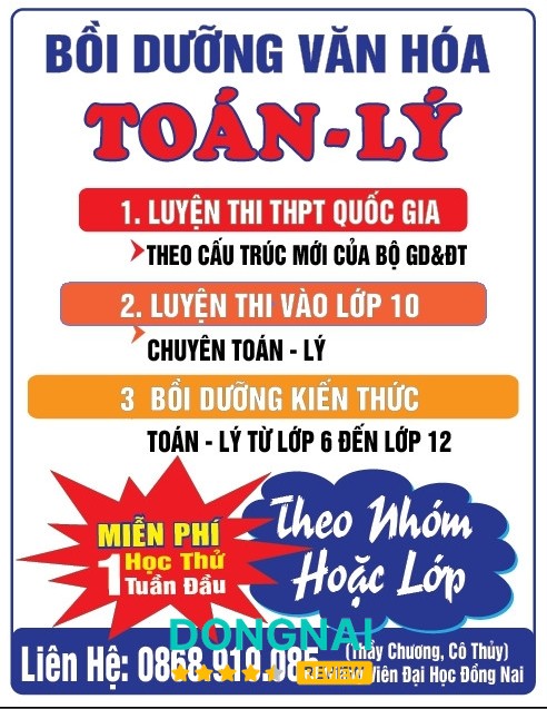 Lớp luyện thi ĐH, lớp 10, Toán - Lý thầy Chương cô Thủy Đồng Nai